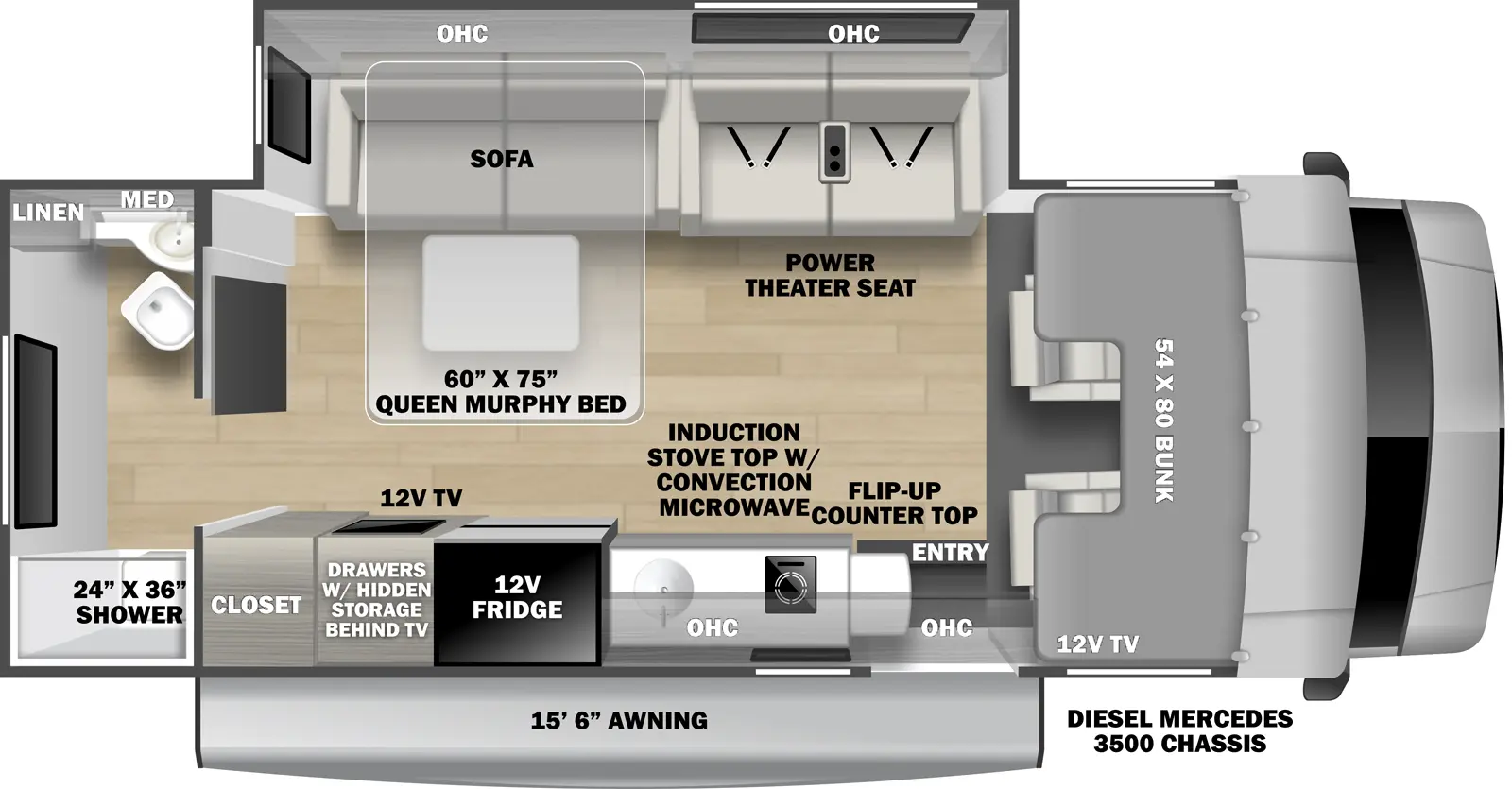 The Solera 24SRB floorplan has one entry and one slide out. Exterior features include: 15'6" awning and outside entertainment. Interiors features include: murphy bed, rear bathroom and bunk over cab.